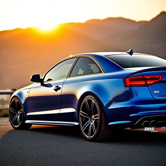 A sleek Audi S4 B7 in a vibrant metallic blue color, parked elegantly on a scenic overlook with mountains in the background