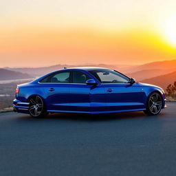 A sleek Audi S4 B7 in a vibrant metallic blue color, parked elegantly on a scenic overlook with mountains in the background