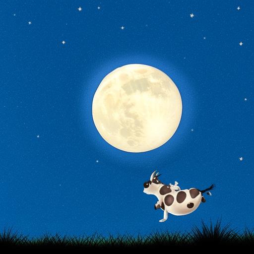 A whimsical scene of a jovial cow gleefully jumping over a radiant moon