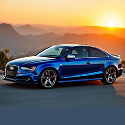 A sleek Audi S4 B7 in a vibrant metallic blue color, parked elegantly on a scenic overlook with mountains in the background