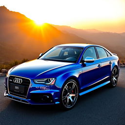 A sleek Audi S4 B7 in a vibrant metallic blue color, parked elegantly on a scenic overlook with mountains in the background