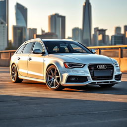 A pristine white Audi S4 B7 Avant, showcasing its spacious and sporty design, parked in an urban setting with a modern city skyline in the background