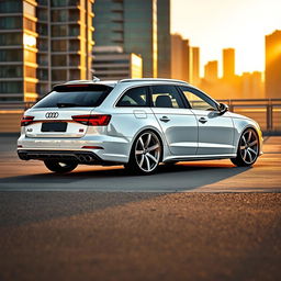 A pristine white Audi S4 B7 Avant, showcasing its spacious and sporty design, parked in an urban setting with a modern city skyline in the background