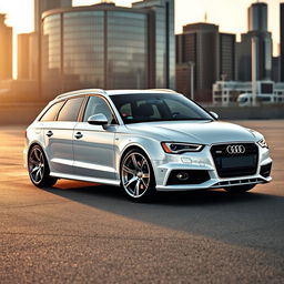 A pristine white Audi S4 B7 Avant, showcasing its spacious and sporty design, parked in an urban setting with a modern city skyline in the background