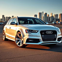 A pristine white Audi S4 B7 Avant, showcasing its spacious and sporty design, parked in an urban setting with a modern city skyline in the background