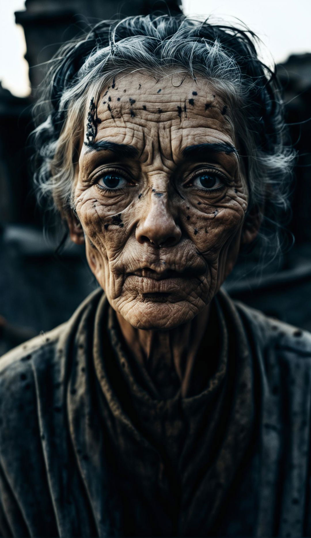 16k resolution photograph of an elderly woman with symmetrical features and blue irises in a war-torn landscape, taken in low light with sharp focus on her face.