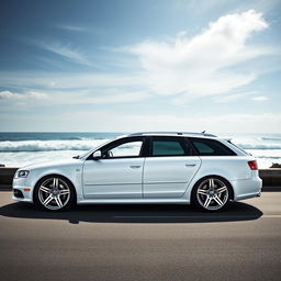 A stunning white 2006 Audi S4 B7 Avant, parked on a scenic coastal road with waves crashing in the background