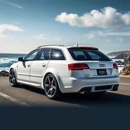 A stunning white 2006 Audi S4 B7 Avant, parked on a scenic coastal road with waves crashing in the background