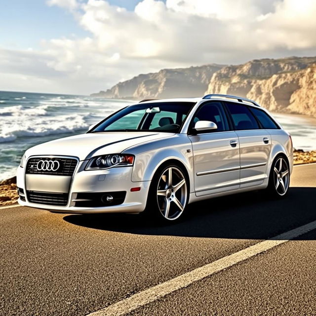 A stunning white 2006 Audi S4 B7 Avant, parked on a scenic coastal road with waves crashing in the background