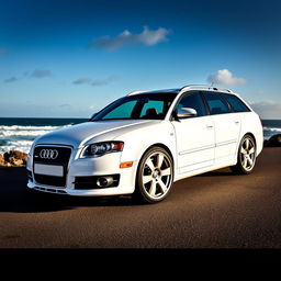 A stunning white 2006 Audi S4 B7 Avant, parked on a scenic coastal road with waves crashing in the background