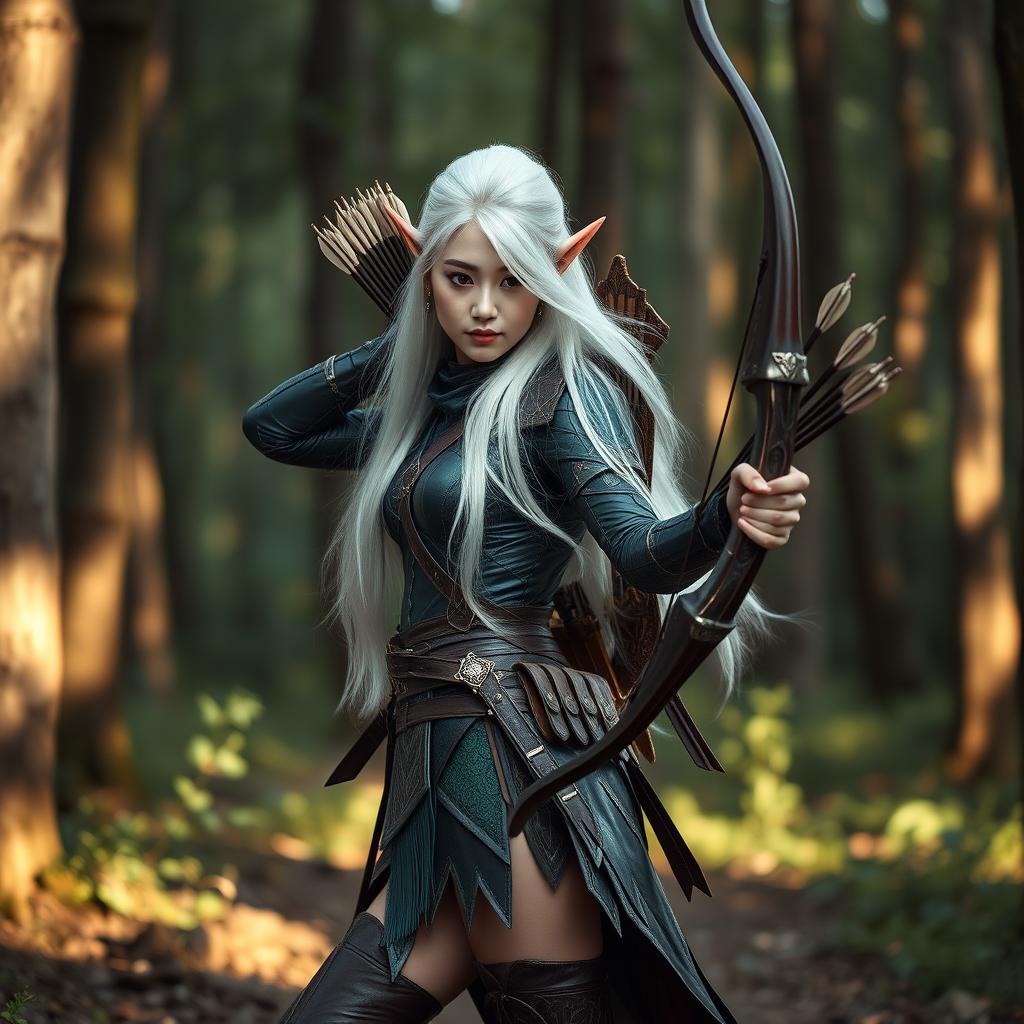 A captivating Korean high noble elf woman with long, flowing white hair styled elegantly, dressed in a fierce warrior archer outfit