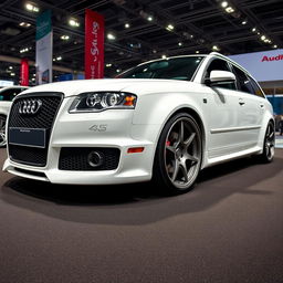 A custom 2006 Audi S4 B7 Avant in a strikingly clean white color, expertly modified to mimic the aggressive styling of an Audi RS4