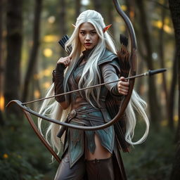 A captivating Korean high noble elf woman with long, flowing white hair styled elegantly, dressed in a fierce warrior archer outfit