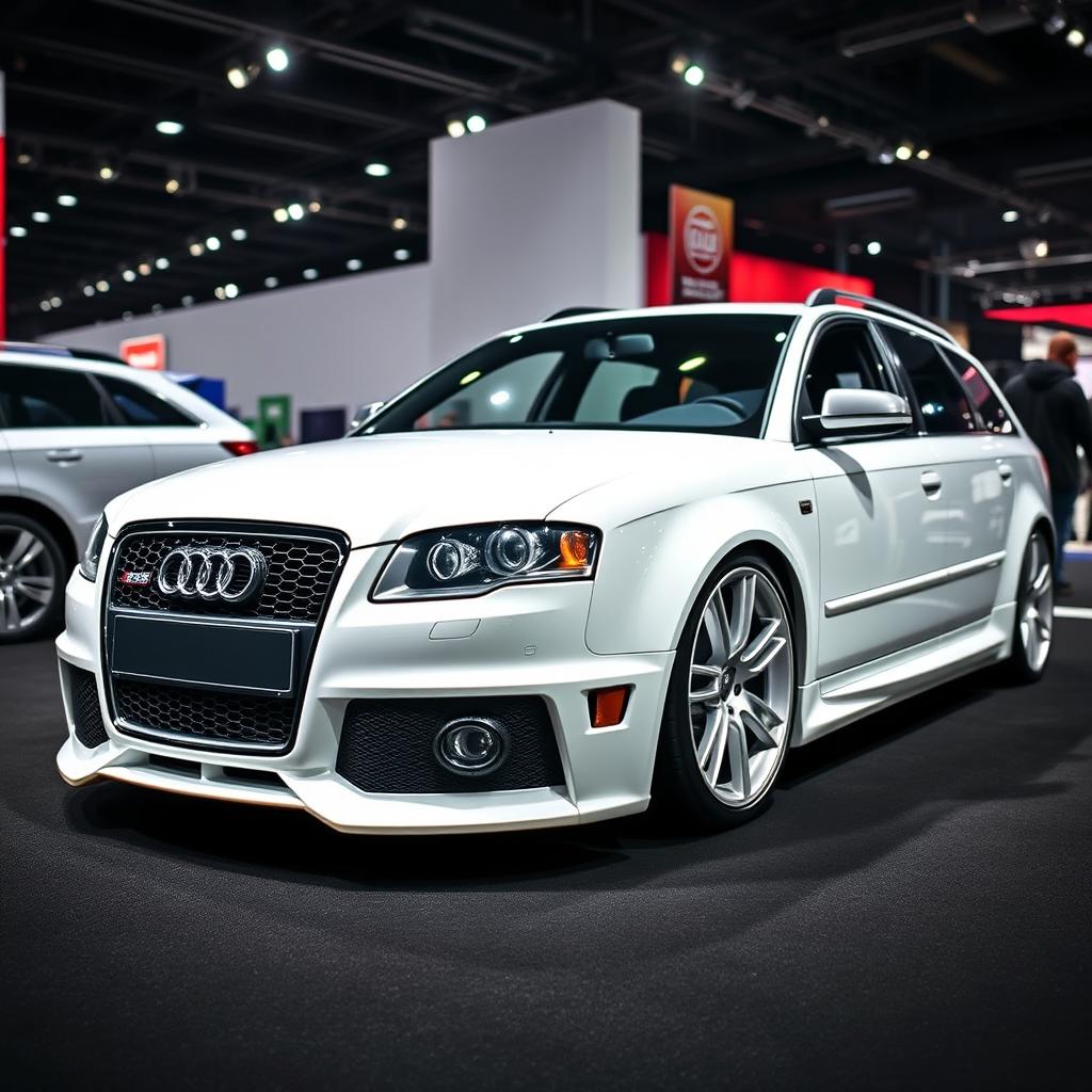 A custom 2006 Audi S4 B7 Avant in a strikingly clean white color, expertly modified to mimic the aggressive styling of an Audi RS4