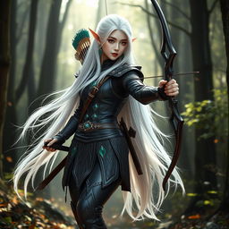 A captivating Korean high noble elf woman with long, flowing white hair styled elegantly, dressed in a fierce warrior archer outfit