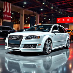 A custom 2006 Audi S4 B7 Avant in a strikingly clean white color, expertly modified to mimic the aggressive styling of an Audi RS4