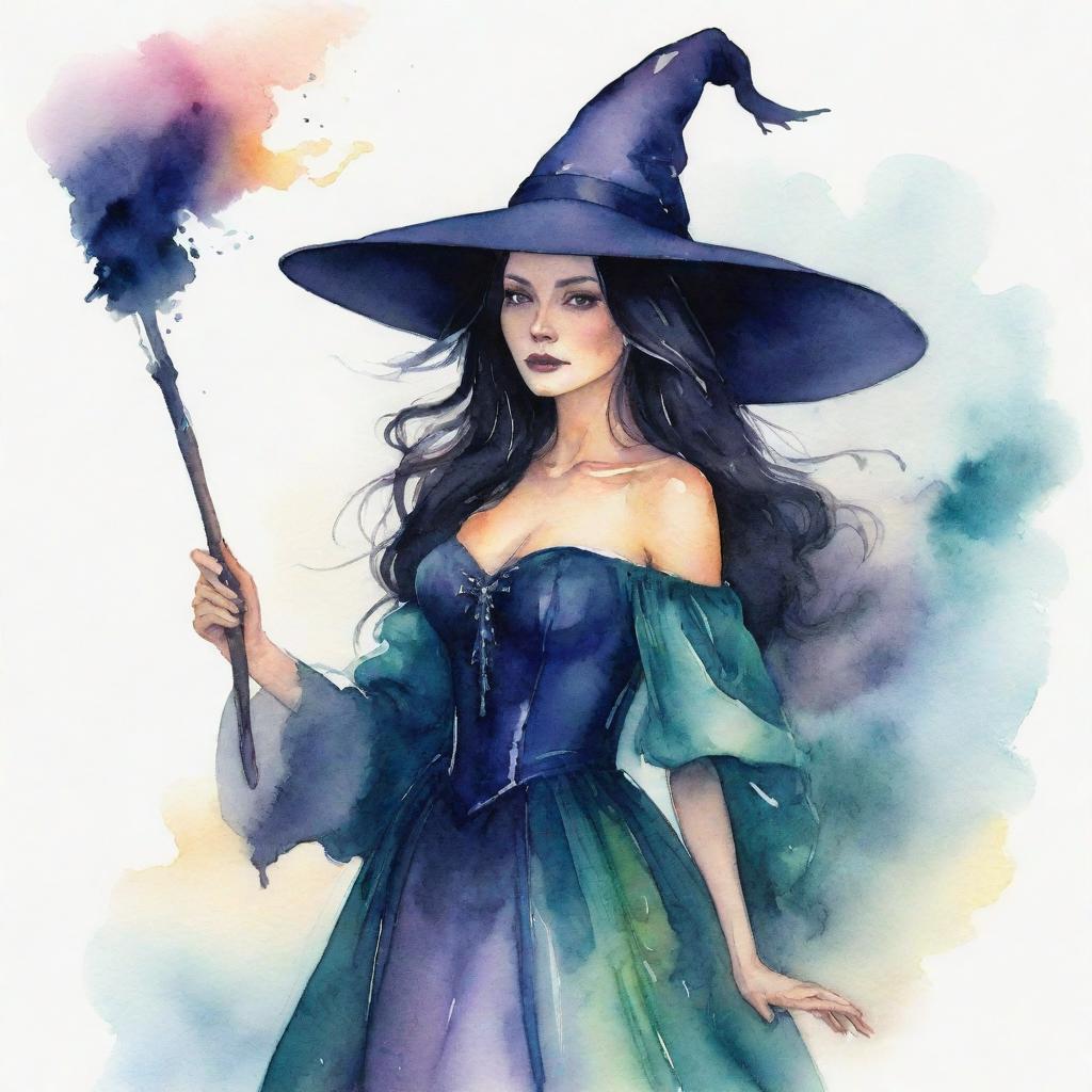 A mystical witch adeptly painted in vivid watercolor, with raven hair, billowing gown, and a pointed hat, gently holding a wand.