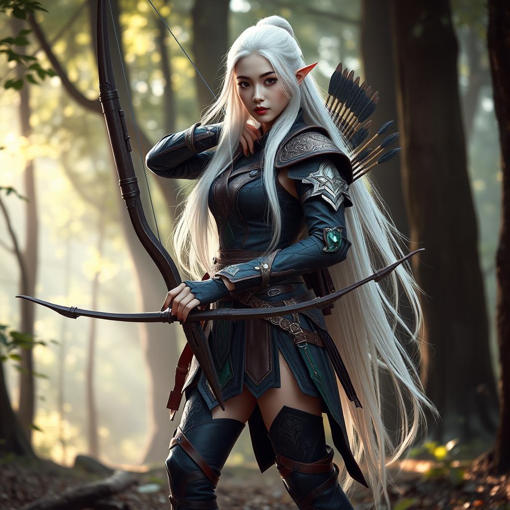 A captivating Korean high noble elf woman with long, flowing white hair styled elegantly, dressed in a fierce warrior archer outfit