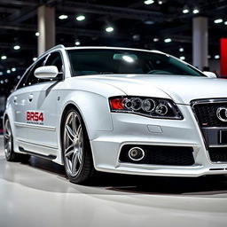 A custom 2006 Audi S4 B7 Avant in a strikingly clean white color, expertly modified to mimic the aggressive styling of an Audi RS4