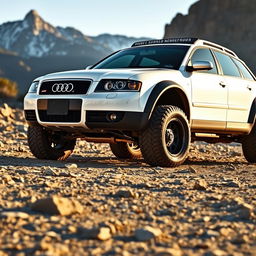 A captivating 2006 Audi S4 B7 Avant in a striking white finish, cleverly modified to present a rugged, off-road aesthetic similar to a crawler vehicle