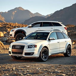 A captivating 2006 Audi S4 B7 Avant in a striking white finish, cleverly modified to present a rugged, off-road aesthetic similar to a crawler vehicle