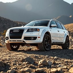 A captivating 2006 Audi S4 B7 Avant in a striking white finish, cleverly modified to present a rugged, off-road aesthetic similar to a crawler vehicle