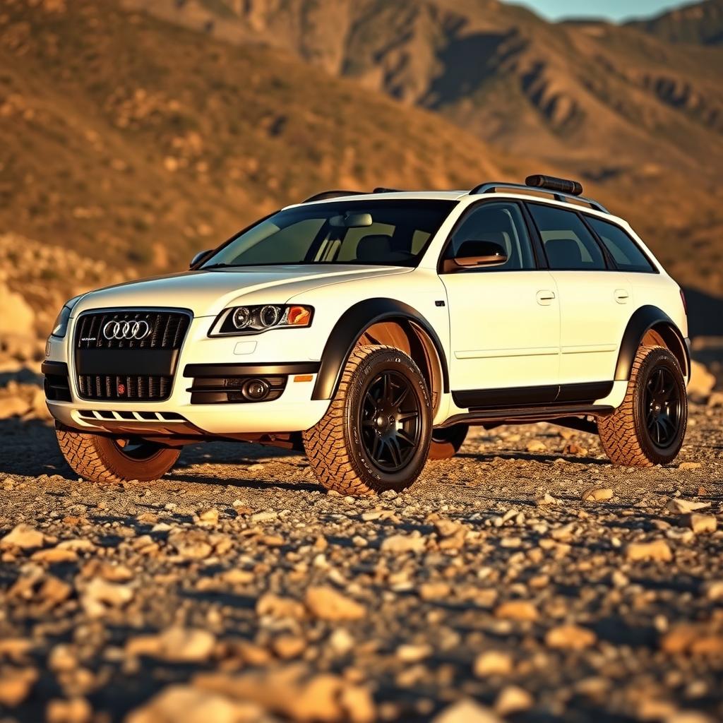 A captivating 2006 Audi S4 B7 Avant in a striking white finish, cleverly modified to present a rugged, off-road aesthetic similar to a crawler vehicle