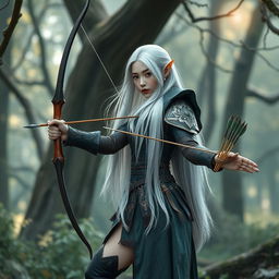 An exquisite Korean high noble elf woman with waist-length white hair flowing gracefully down her back, dressed in a formidable warrior archer outfit