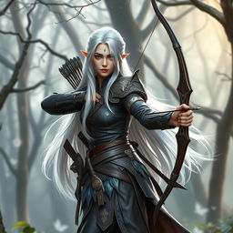 An exquisite Korean high noble elf woman with waist-length white hair flowing gracefully down her back, dressed in a formidable warrior archer outfit