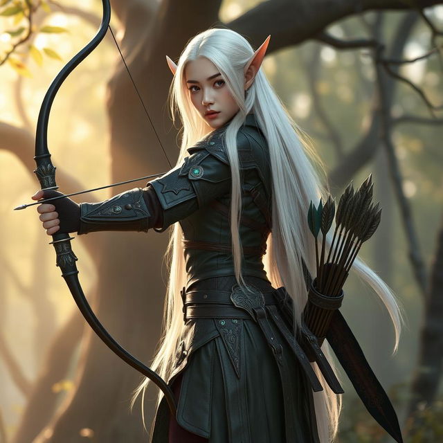 An exquisite Korean high noble elf woman with waist-length white hair flowing gracefully down her back, dressed in a formidable warrior archer outfit