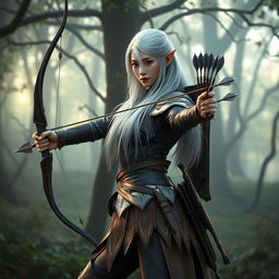 An exquisite Korean high noble elf woman with waist-length white hair flowing gracefully down her back, dressed in a formidable warrior archer outfit