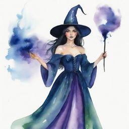 A mystical witch adeptly painted in vivid watercolor, with raven hair, billowing gown, and a pointed hat, gently holding a wand.