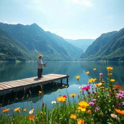 a serene landscape view featuring a tranquil lake surrounded by lush green mountains, a clear blue sky reflecting in the water, a small wooden dock extending into the lake, where a lone fisherman in a straw hat is casting his line, vibrant wildflowers blooming along the shore, soft sunlight illuminating the scene, creating a peaceful and inviting atmosphere