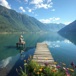 a serene landscape view featuring a tranquil lake surrounded by lush green mountains, a clear blue sky reflecting in the water, a small wooden dock extending into the lake, where a lone fisherman in a straw hat is casting his line, vibrant wildflowers blooming along the shore, soft sunlight illuminating the scene, creating a peaceful and inviting atmosphere