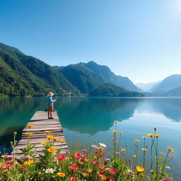 a serene landscape view featuring a tranquil lake surrounded by lush green mountains, a clear blue sky reflecting in the water, a small wooden dock extending into the lake, where a lone fisherman in a straw hat is casting his line, vibrant wildflowers blooming along the shore, soft sunlight illuminating the scene, creating a peaceful and inviting atmosphere