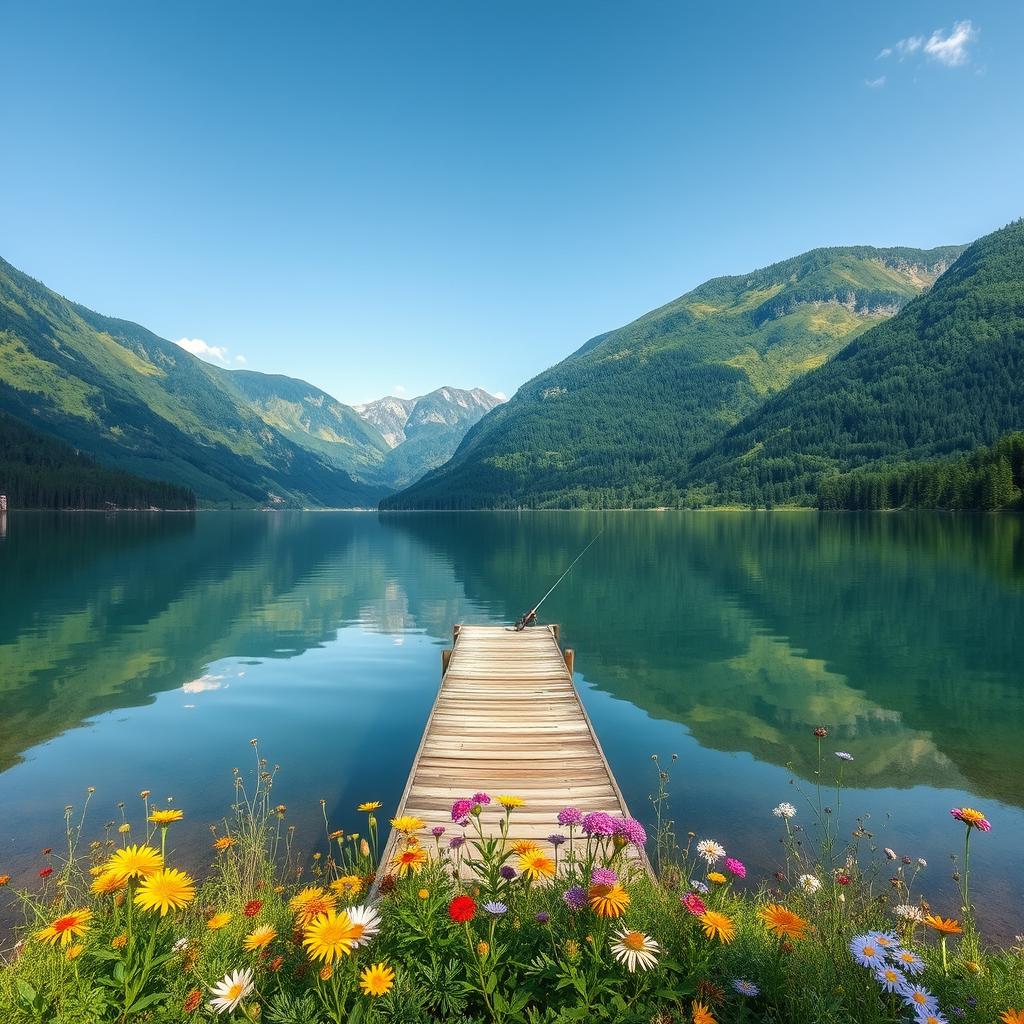 a serene landscape view featuring a tranquil lake surrounded by lush green mountains, a clear blue sky reflecting in the water, a small wooden dock extending into the lake, where a lone fisherman in a straw hat is casting his line, vibrant wildflowers blooming along the shore, soft sunlight illuminating the scene, creating a peaceful and inviting atmosphere