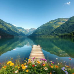 a serene landscape view featuring a tranquil lake surrounded by lush green mountains, a clear blue sky reflecting in the water, a small wooden dock extending into the lake, where a lone fisherman in a straw hat is casting his line, vibrant wildflowers blooming along the shore, soft sunlight illuminating the scene, creating a peaceful and inviting atmosphere