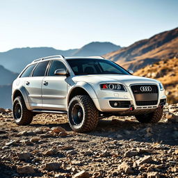 A modified 2006 Audi S4 B7 Avant in a striking white color, transformed to embody the rugged characteristics of a crawler vehicle