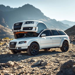 A modified 2006 Audi S4 B7 Avant in a striking white color, transformed to embody the rugged characteristics of a crawler vehicle