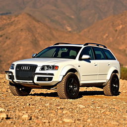 A modified 2006 Audi S4 B7 Avant in a striking white color, transformed to embody the rugged characteristics of a crawler vehicle