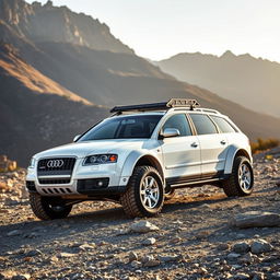 A modified 2006 Audi S4 B7 Avant in a striking white color, transformed to embody the rugged characteristics of a crawler vehicle