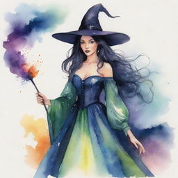 A mystical witch adeptly painted in vivid watercolor, with raven hair, billowing gown, and a pointed hat, gently holding a wand.