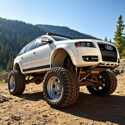 A dramatically modified 2006 Audi S4 B7 Avant in a striking white color, transformed into a 'Bigfoot' style vehicle