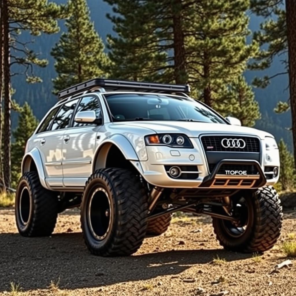 A dramatically modified 2006 Audi S4 B7 Avant in a striking white color, transformed into a 'Bigfoot' style vehicle