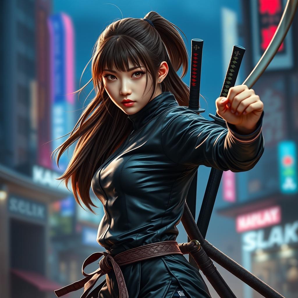 A fierce Korean girl dressed in a sleek fighting suit, showcasing her athletic build and determination