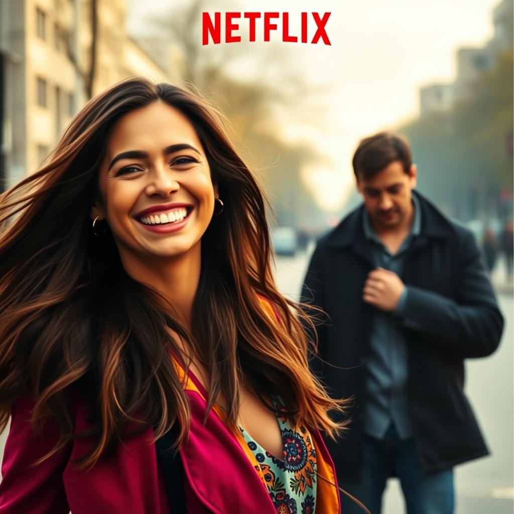 A Netflix movie cover featuring a joyful woman in the foreground with a bright and cheerful expression