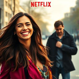 A Netflix movie cover featuring a joyful woman in the foreground with a bright and cheerful expression