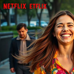 A Netflix movie cover featuring a joyful woman in the foreground with a bright and cheerful expression