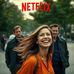 A Netflix movie cover featuring a joyful woman in the foreground with a bright and cheerful expression