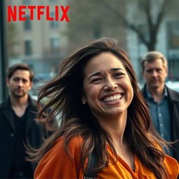 A Netflix movie cover featuring a joyful woman in the foreground with a bright and cheerful expression